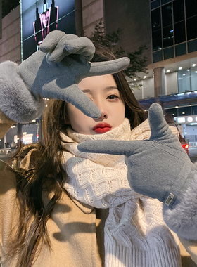 OVANCY手套冬季女加绒加厚可爱防风毛绒棉手套骑行开车保暖可触屏