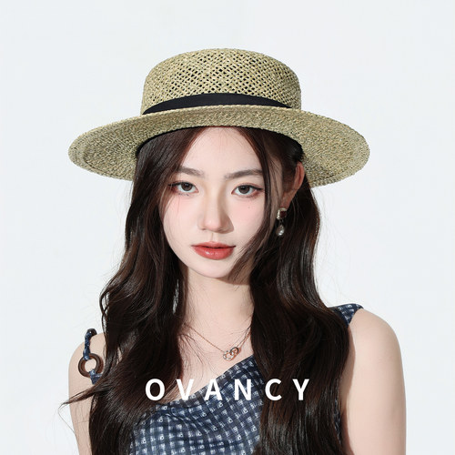 OVANCY法式老钱风平顶草帽女夏季镂空海边度假遮阳礼帽沙滩防晒帽