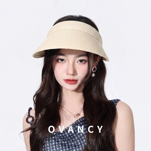 OVANCY显脸小遮阳草帽女夏季户外草编空顶防晒帽海边遮脸沙滩凉帽