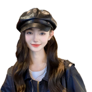 OVANCY显脸小PU皮质八角帽女2024新款海军贝雷帽英伦复古报童帽子
