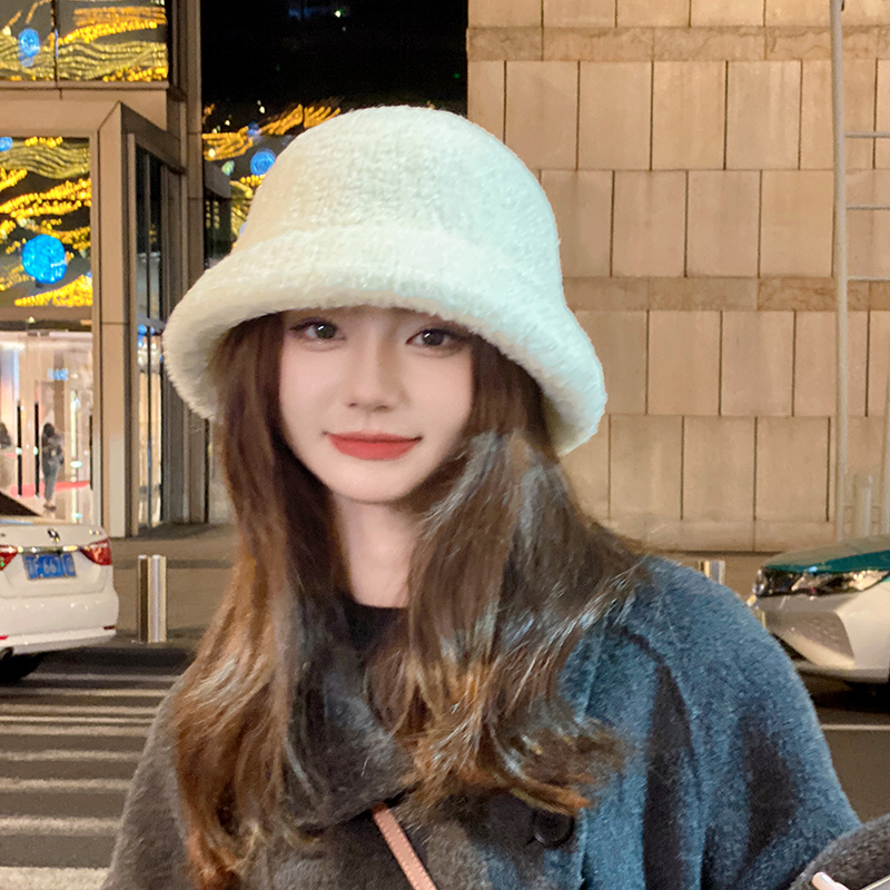 OVANCY显脸小毛绒渔夫帽女2024新款复古卷边灯罩帽羊羔绒保暖盆帽