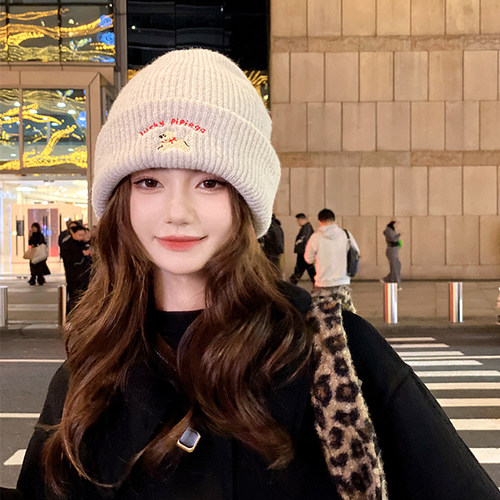 OVANCY软糯可爱小狗毛线帽女冬季2025新款显脸小宽松包头针织冷帽