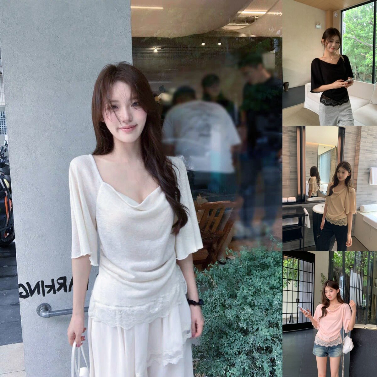 韩版法式荡领蕾丝拼接荷叶中袖氛围感纯欲设计感夏季上衣女26202