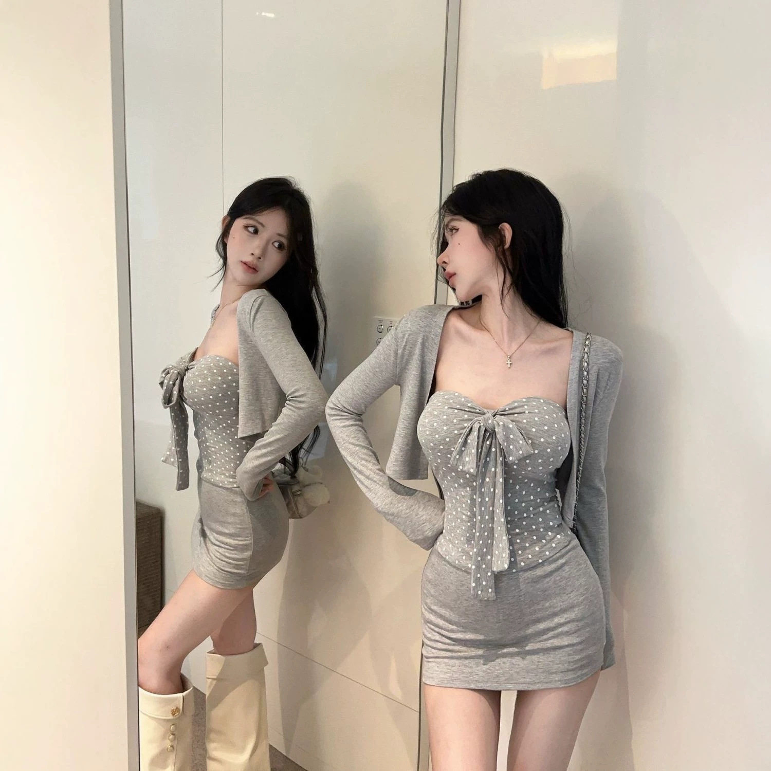 纯欲辣妹波点抹胸背心半身裙套装2026新款显瘦长袖半衫短裙三件套