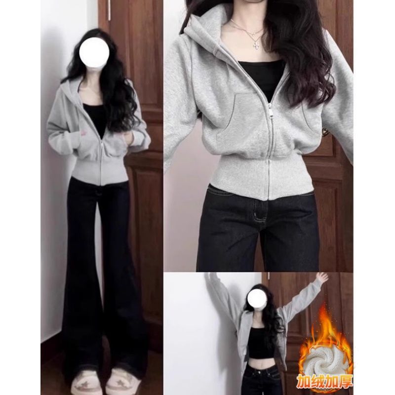 灰色修身短款卫衣外套女春秋显瘦正肩早秋穿搭上衣小个子连帽收腰