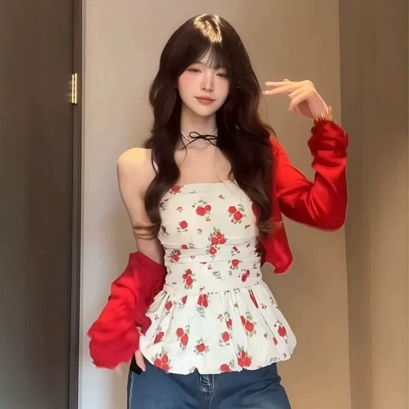 甜辣妹纯欲碎花抹胸吊带女2026夏季新款叠穿红色开衫上衣两件套装