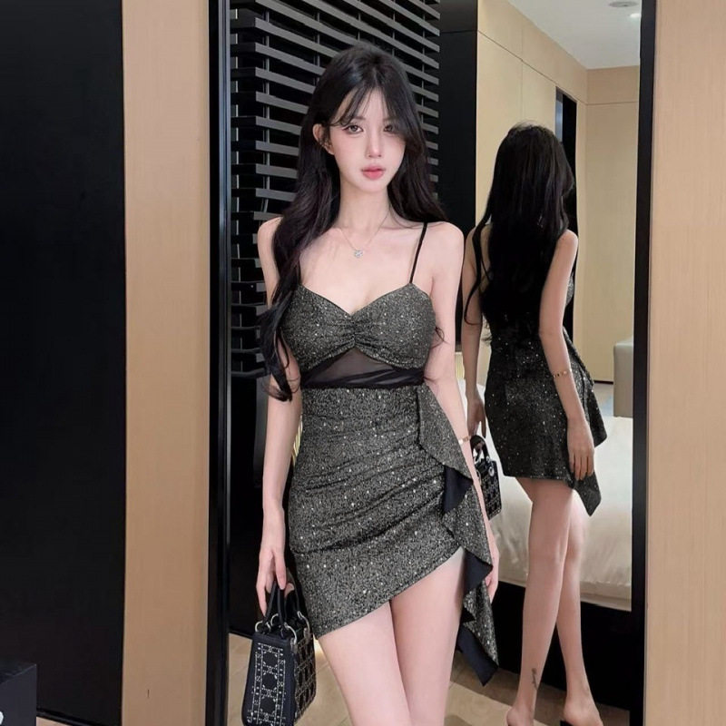 0373性感无袖吊带连衣裙辣妹风流苏拼接包臀裙夜总会气质露背短裙