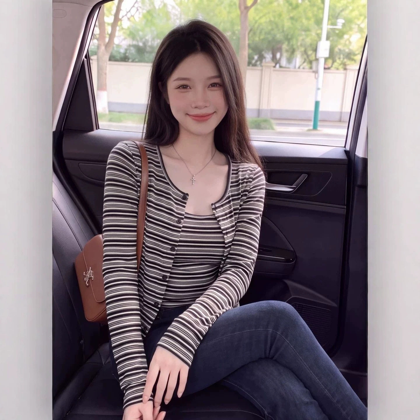 美拉德风撞色条纹套装女秋季新款弹力修身内搭吊带外搭开衫两件套