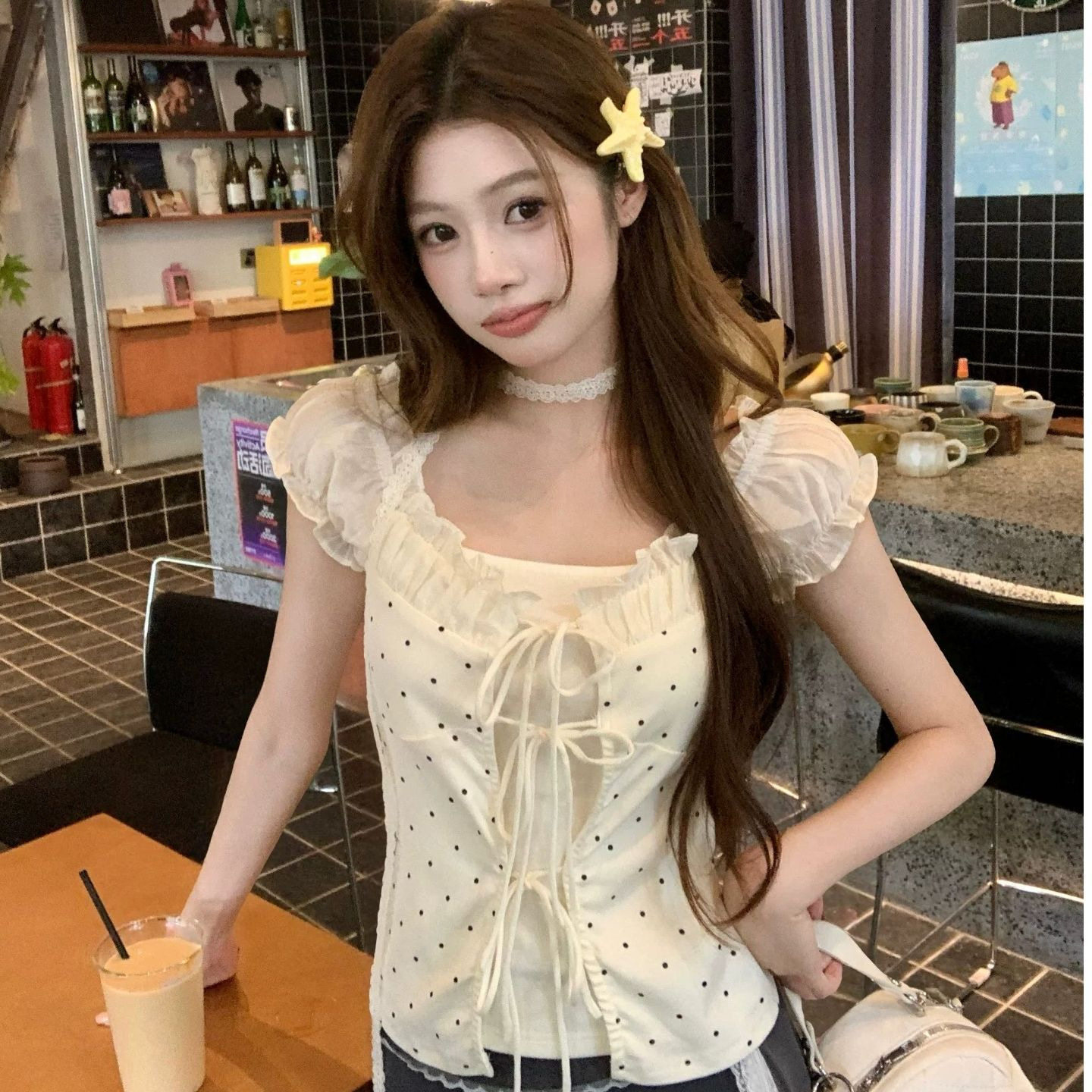 假两件波点短袖女春夏季穿搭花边泡泡袖正肩t恤修身显瘦甜美上衣