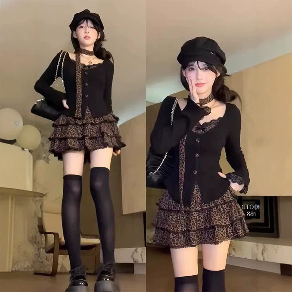 纯欲甜辣妹套装裙女早秋季假两件蕾丝豹纹上衣穿搭蛋糕裙子两件套