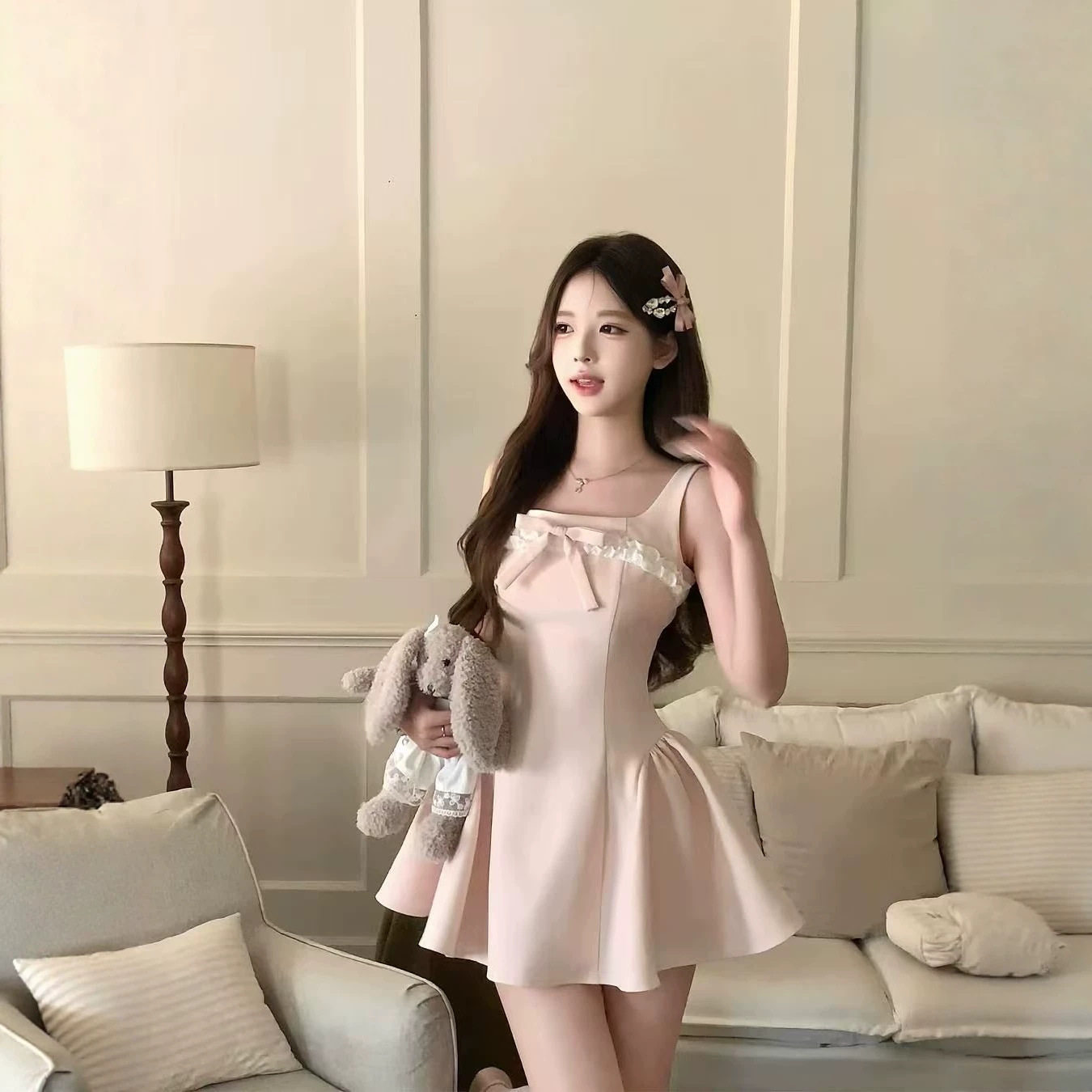 浅粉甜美公主花边蝴蝶连衣裙2026夏季新款少女收腰蓬蓬裙可爱裙子