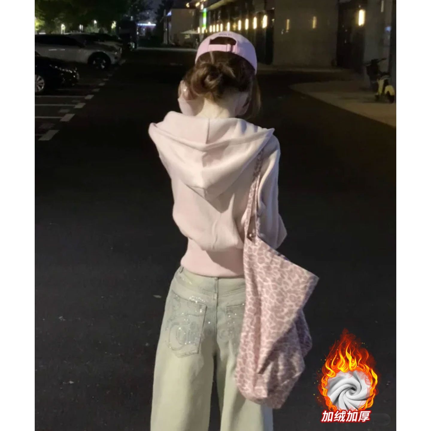 粉色短款收腰加绒外套女春秋新款设计感美式连帽卫衣开衫拉链上衣