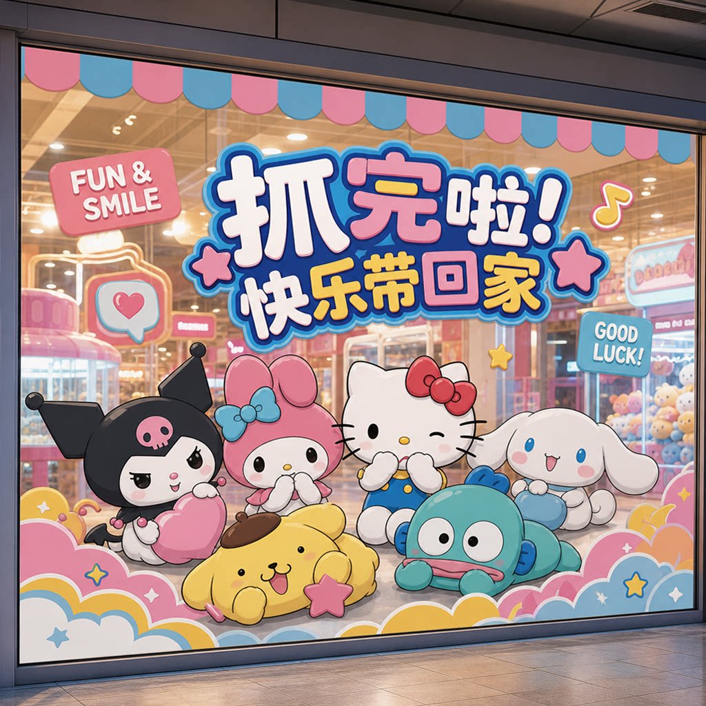 抓娃娃机店玻璃贴纸游乐场游戏厅橱窗静电贴窗花高级感玻璃装饰贴