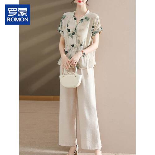 罗蒙中年妈妈夏装套装2026新款时尚中老年女装花色休闲两件式薄款