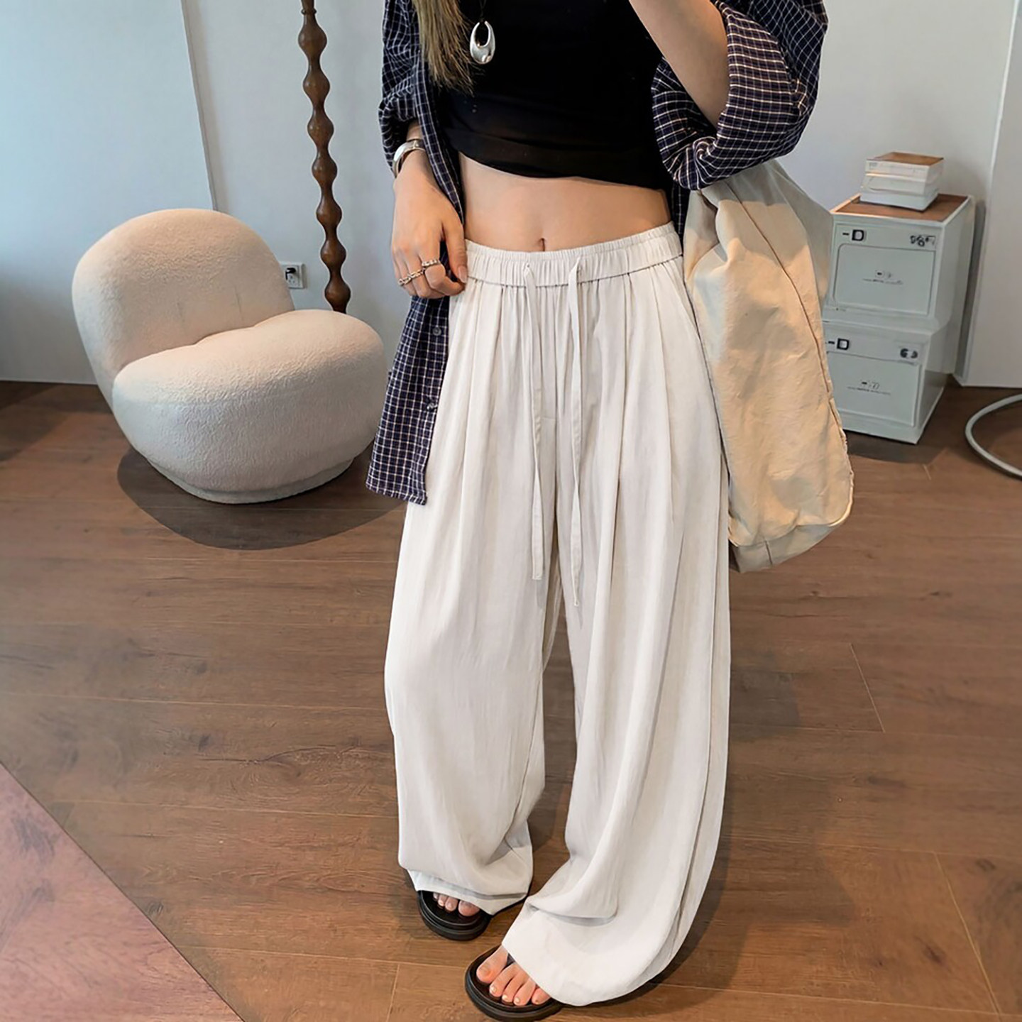 白色冰丝亚麻裤女夏季薄款垂坠感宽松bf慵懒风小个子棉麻阔腿裤子
