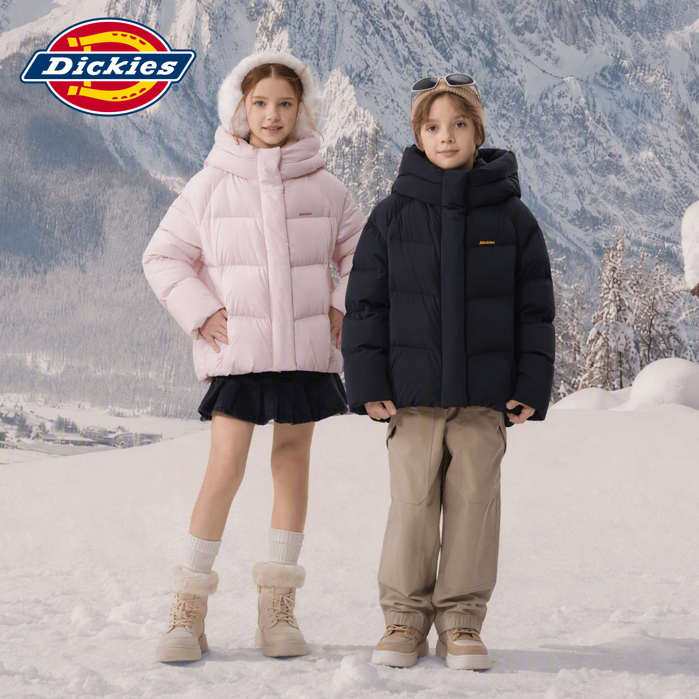 Dickies 儿童羽绒服男女童冬季毛领连帽加厚保暖外套中大童面包服