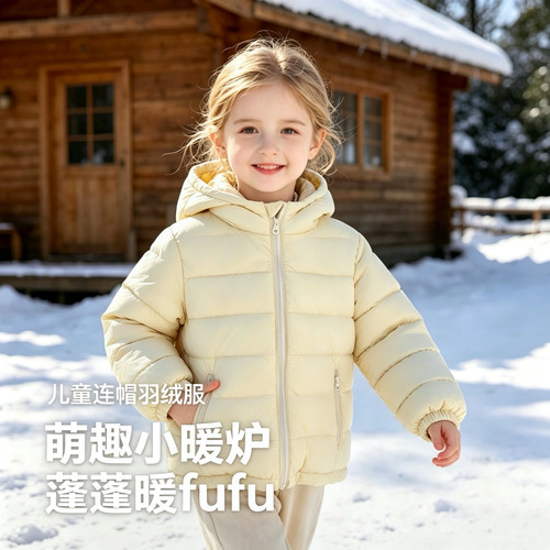 男女童轻薄白鸭绒连帽防风羽绒服