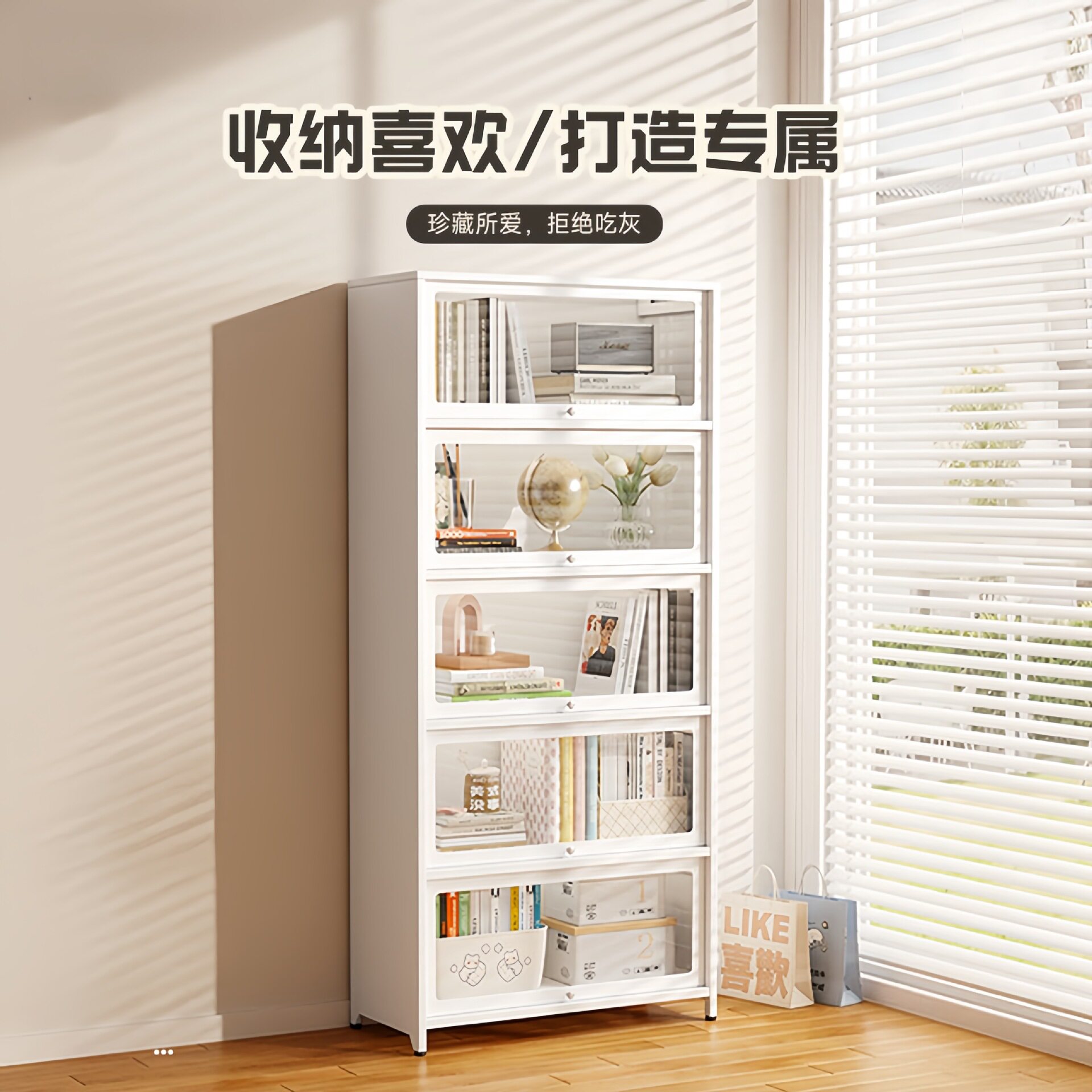 家用钢制书柜带玻璃门展示柜儿童防尘书架铁艺置物架铁皮储物柜子图片