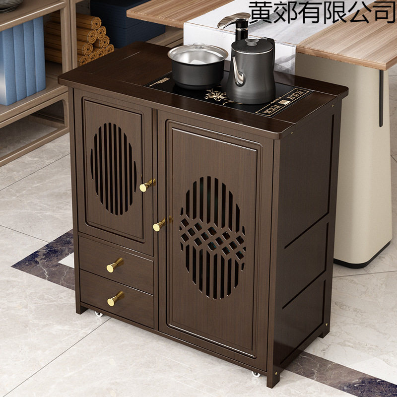 移动茶水柜茶台茶桌边柜侧柜实木下置物架水桶烧水壶一体茶吧柜子图片