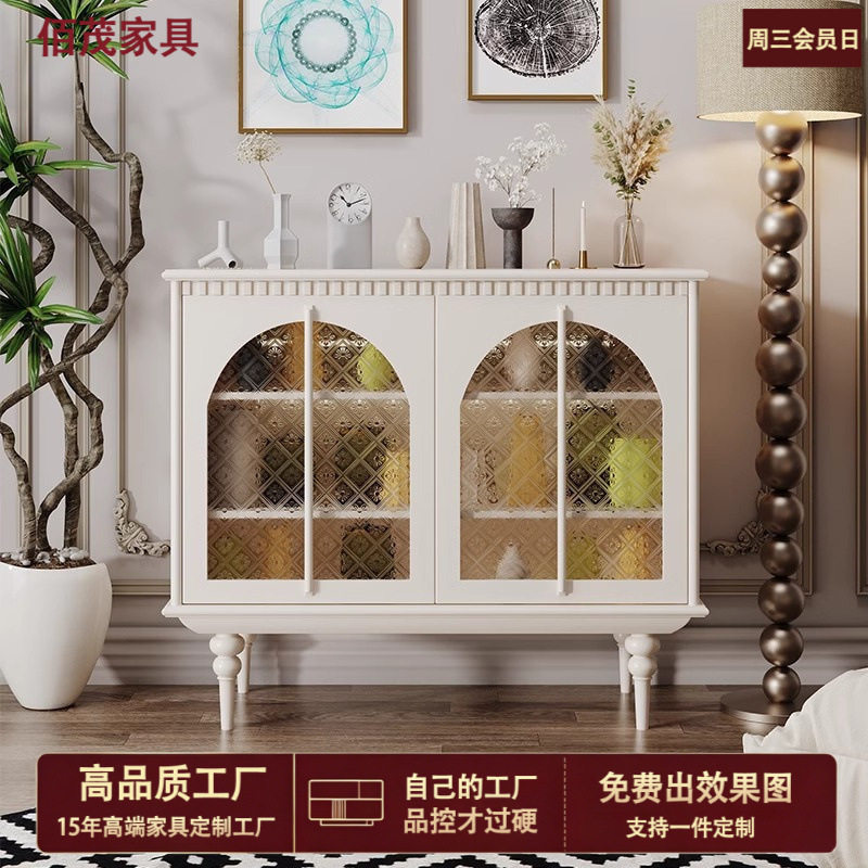 法式奶油风餐边柜入户正对门厅柜感应灯玻璃展示柜轻奢实木玄关柜图片
