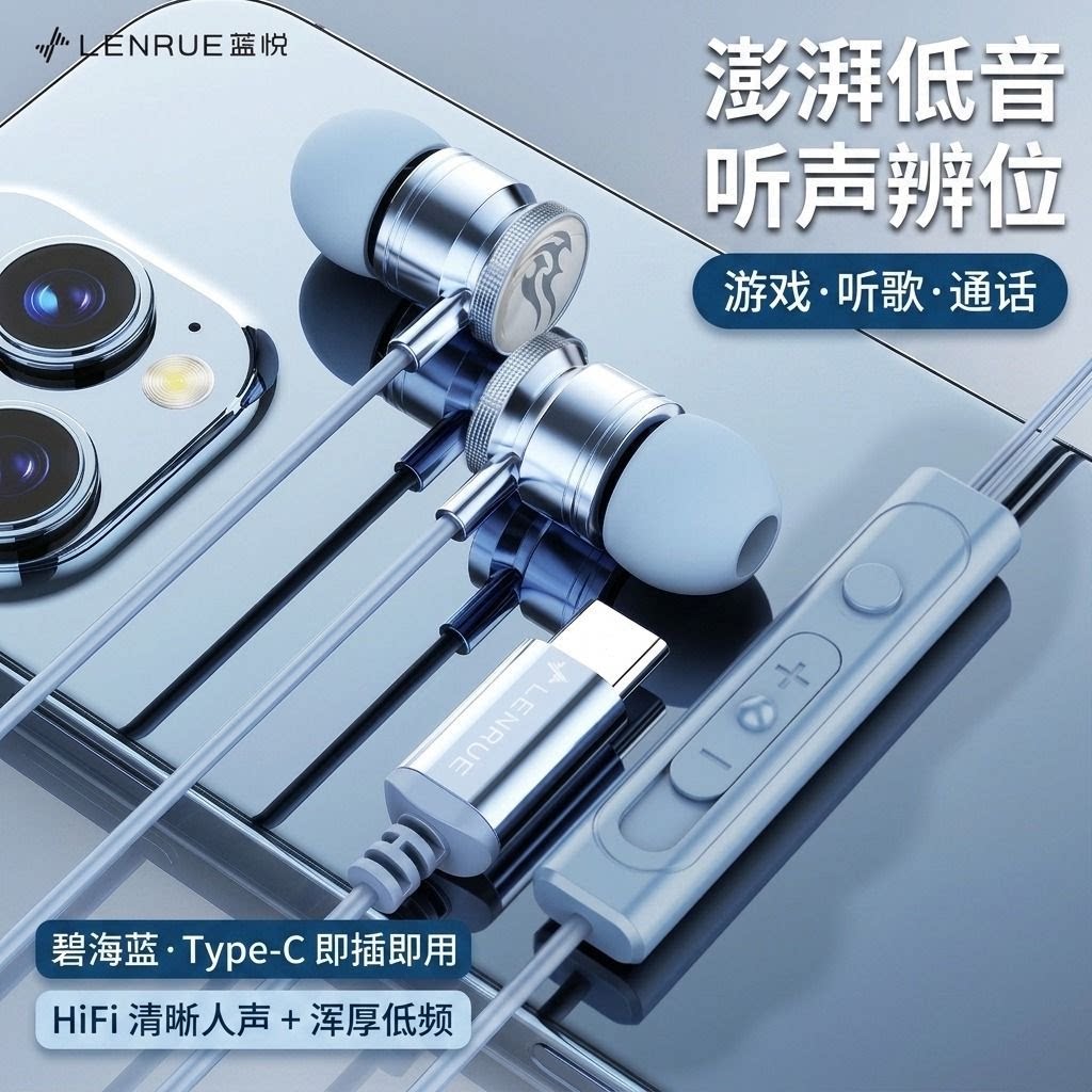蓝悦Type-C游戏耳机重低音听声辨位线控带麦适用华为小米VIVO