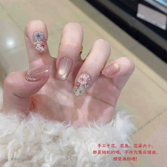 【粉汐干花】裸粉极光干花穿戴甲 金线碎钻中短方圆 温柔仙气美甲