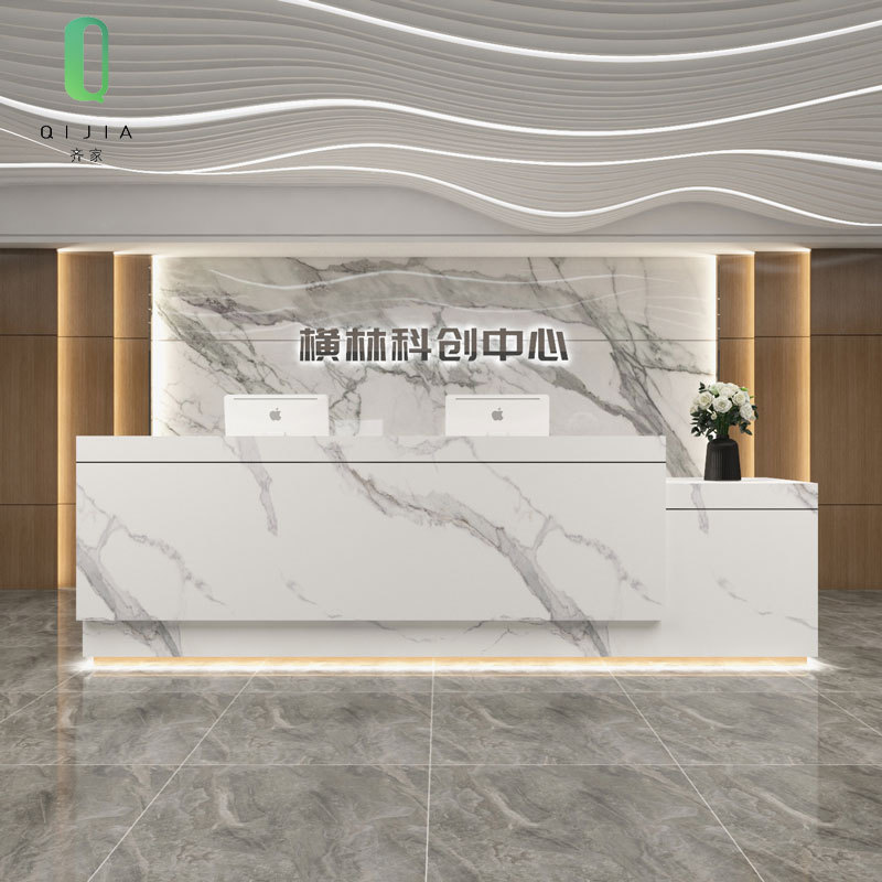 现代服装店收银台美容院轻奢吧台酒店机构仿大理石公司前台接待台图片