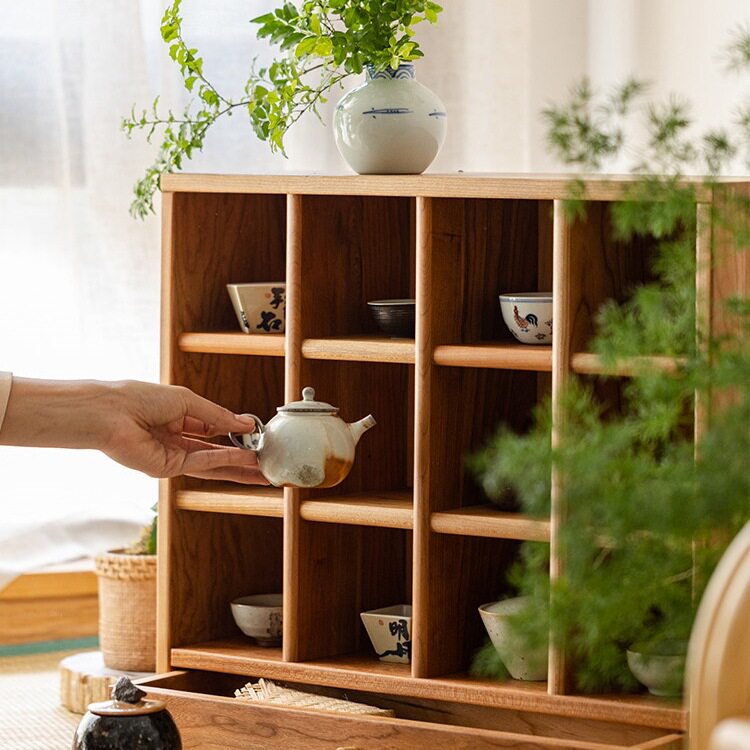 樱桃木茶具实木杯架日式茶架格子多宝格展示柜桌面收纳博古s^图片