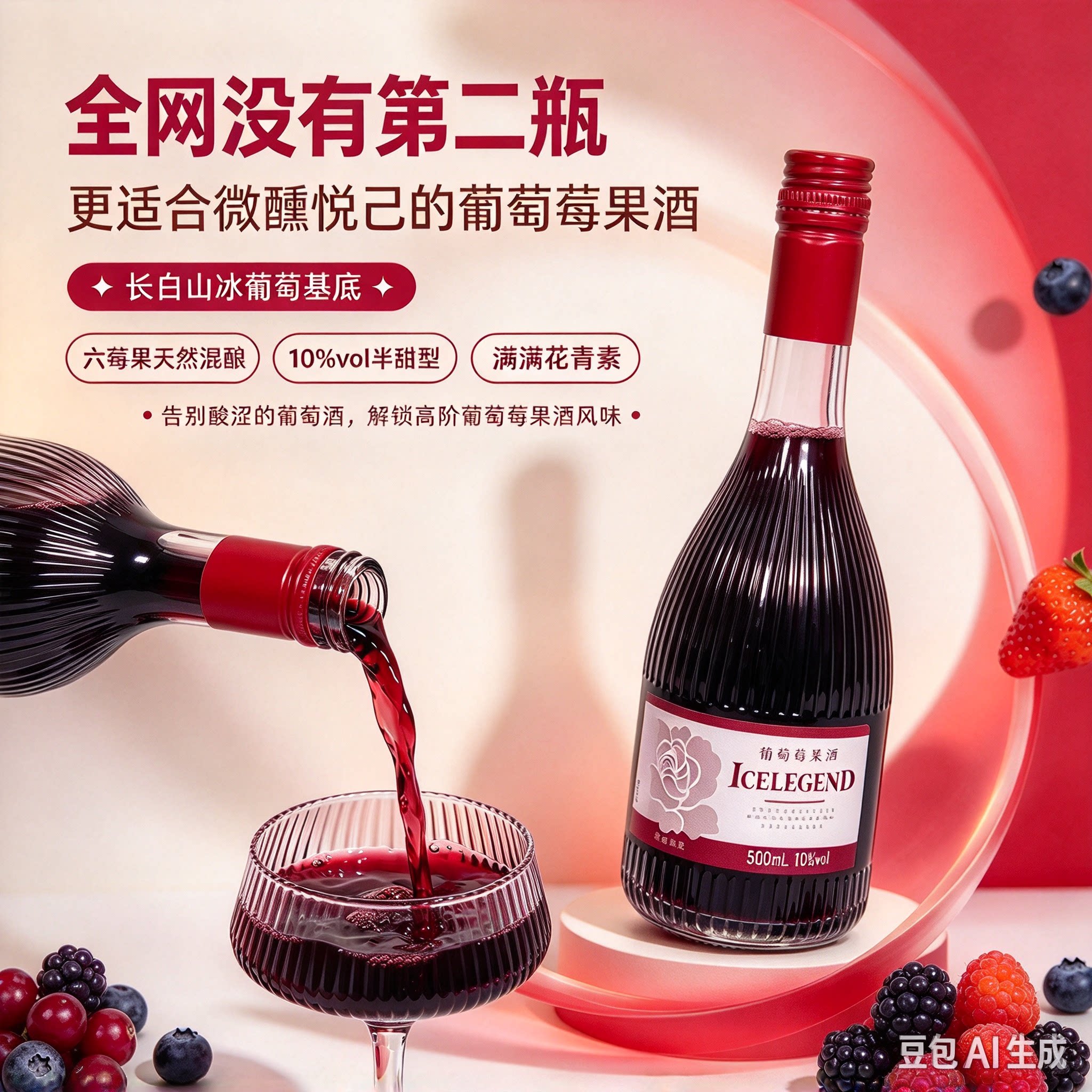 冰葡萄6莓果混酿女士红酒冰葡萄酒原汁发酵500ml半甜微醺晚安酒