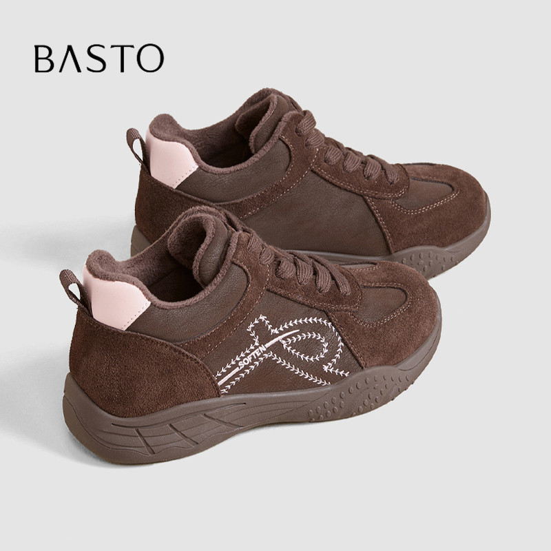 BASTO/百思图复古高帮板鞋女刺绣装饰圆头百搭小个子增高休闲鞋秋