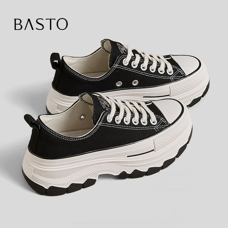 BASTO/百思图2026厚底帆布鞋女内增高休闲百搭松糕板鞋潮酷女鞋