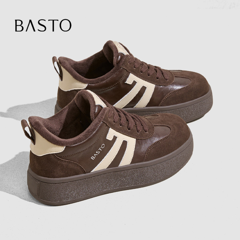 BASTO/百思图2026秋冬季加绒高帮板鞋女厚底复古拼色保暖休闲棉鞋