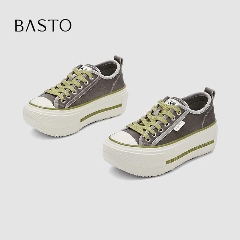BASTO/百思图2026秋季厚底帆布鞋女灰色休闲板鞋复古百搭不累脚