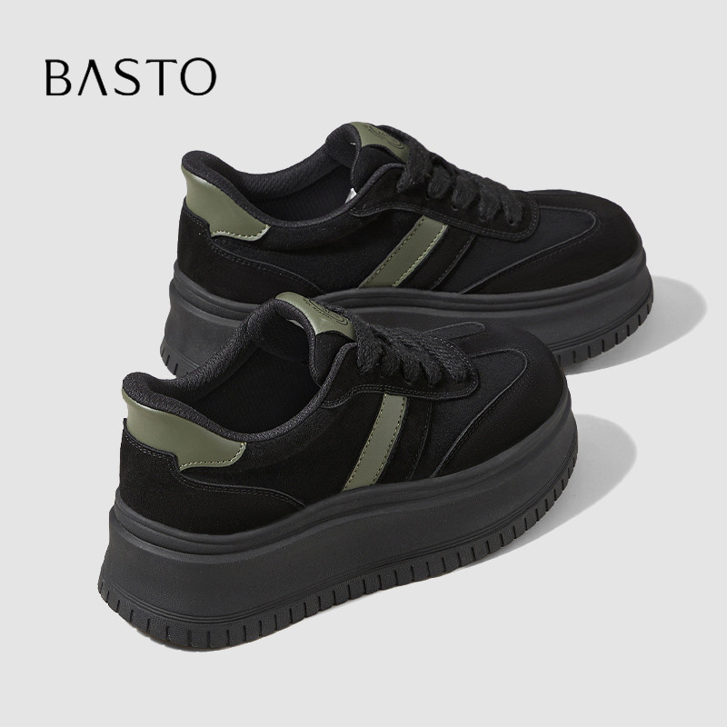 BASTO/百思图拼色厚底松糕板鞋女秋季绒面系带防滑增高百搭休闲鞋