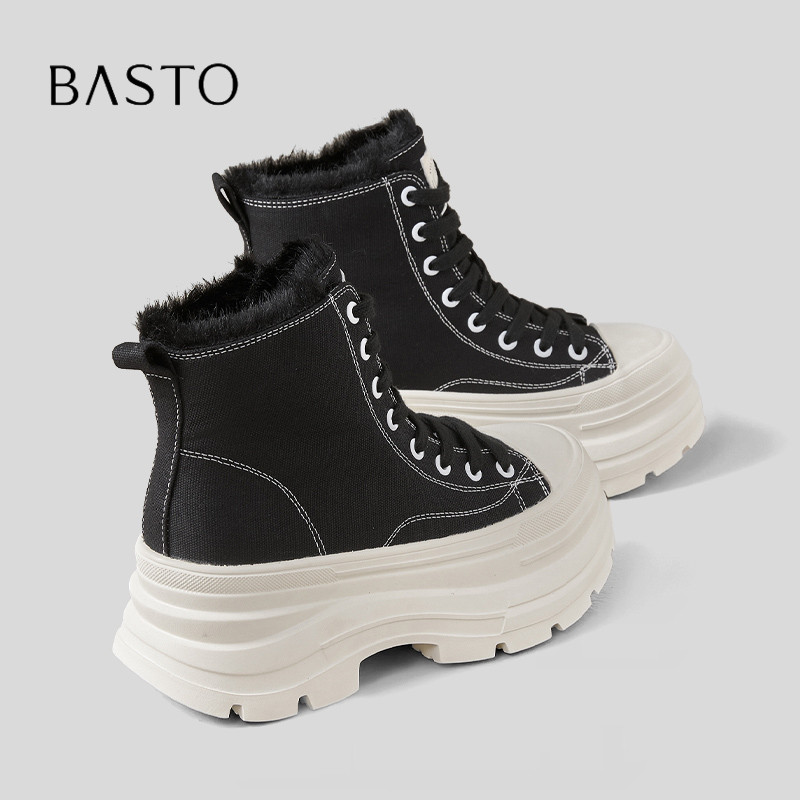 BASTO/百思图秋冬季高帮加绒板鞋女厚底小个子增高保暖休闲帆布鞋