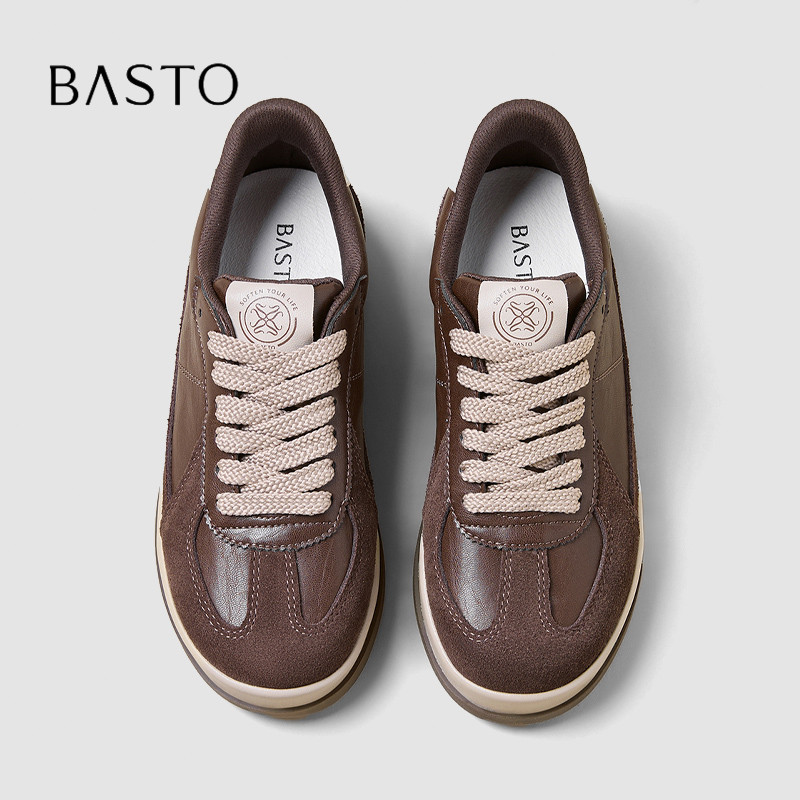 BASTO/百思图2026秋季厚底休闲鞋女咖色系带圆头运动鞋时尚百搭