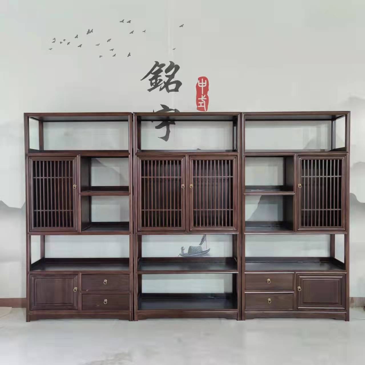 新中式玄关桌实木简约茶桌实木中式博古架双面鞋柜隔断百叶门