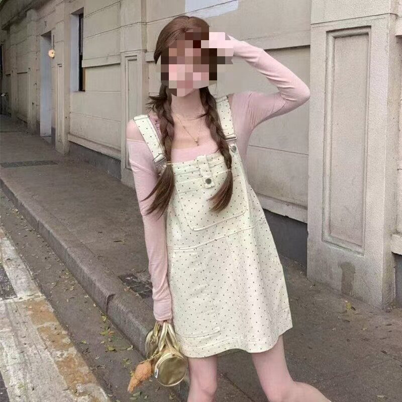 牛仔印花背带波点夏季小个子休闲显瘦宽松减龄短裙吊带连衣裙百搭