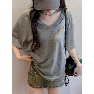 现货欧货大版型宽松基础款短袖t恤女式夏季落肩2025V领上衣莫代尔
