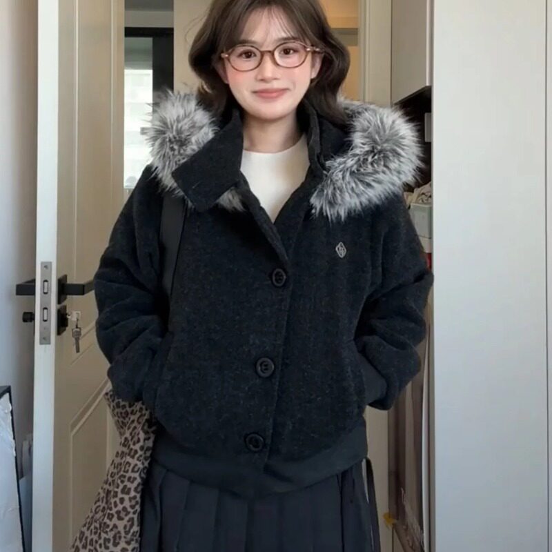 好质量扣针可拆卸毛领高克重毛呢外套灰色毛领秋冬纽扣上衣女