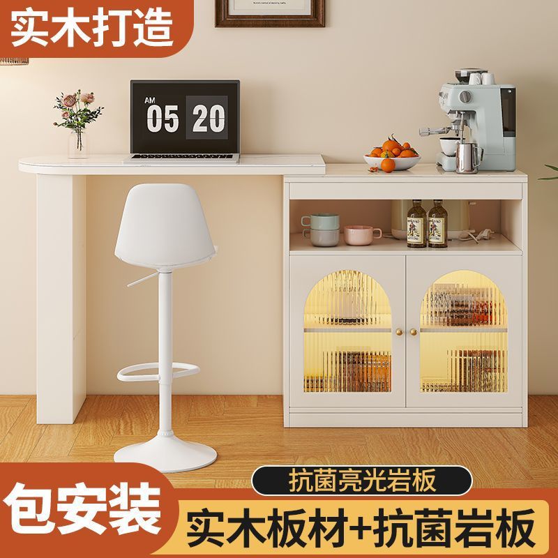 岩板吧台桌家用客厅中岛台餐桌实木餐边柜奶油风小户型阳台隔断柜图片
