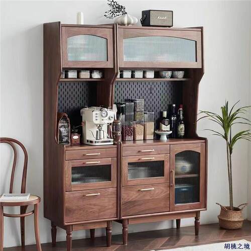 黑胡桃木实木餐边柜复古组合高柜客厅家用酒柜日式厨房储物柜