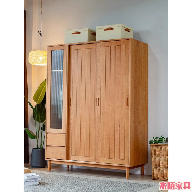 全实木衣柜北美樱桃木移门收纳衣物橱柜家用小户型卧室推拉储物柜图片