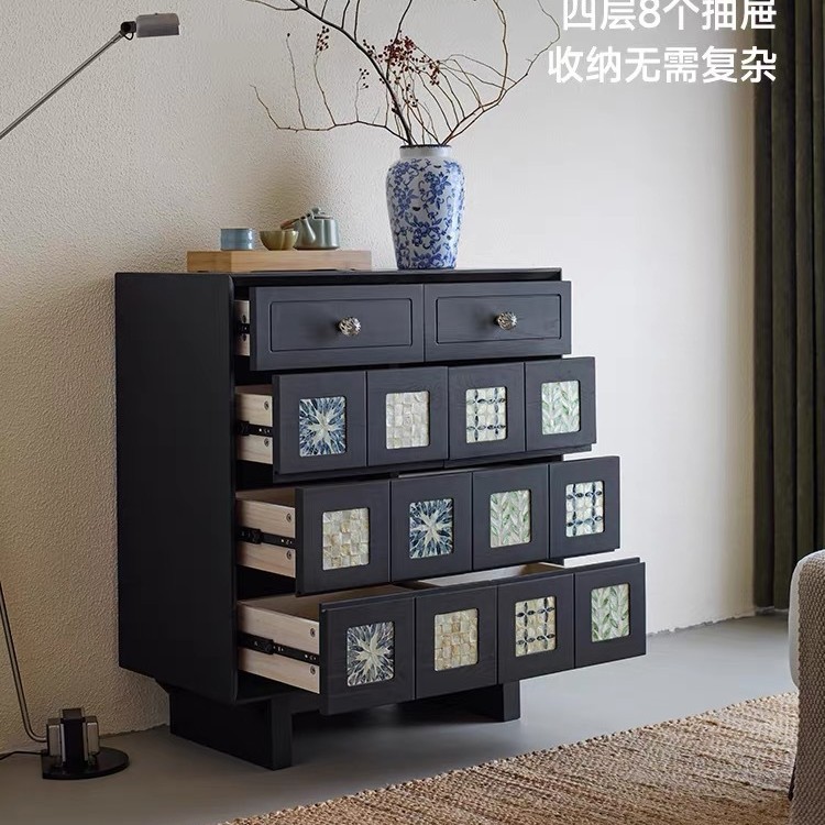 法式中古风实木八斗柜复古风白蜡木卧室储物柜沙发边柜靠墙储物柜图片