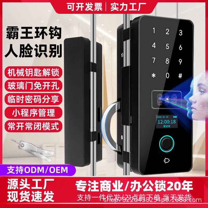 办公室玻璃门指纹密码锁商铺推拉平移门电子锁免开孔霸王钩免地插图片