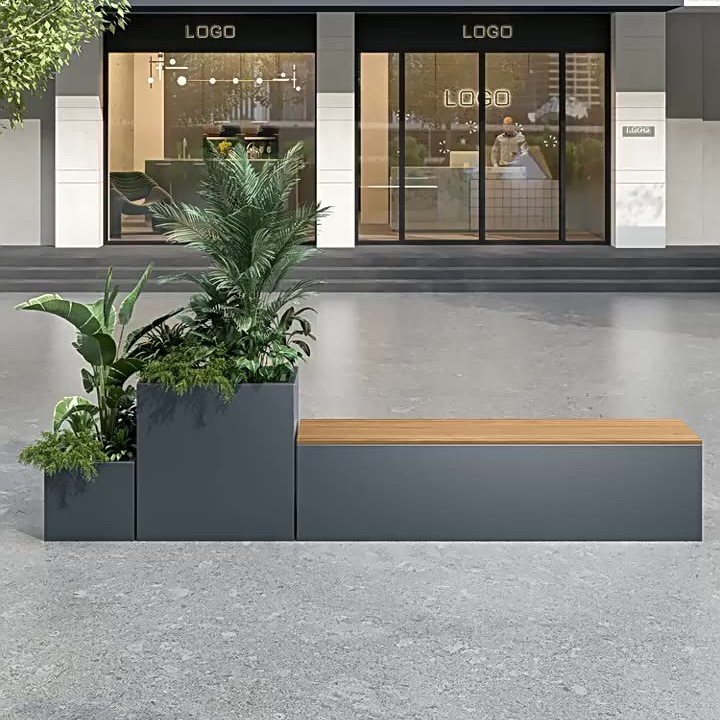 户外花箱塑木休息花箱组合庭院外摆商业街造景不锈钢花坛铁艺花箱图片