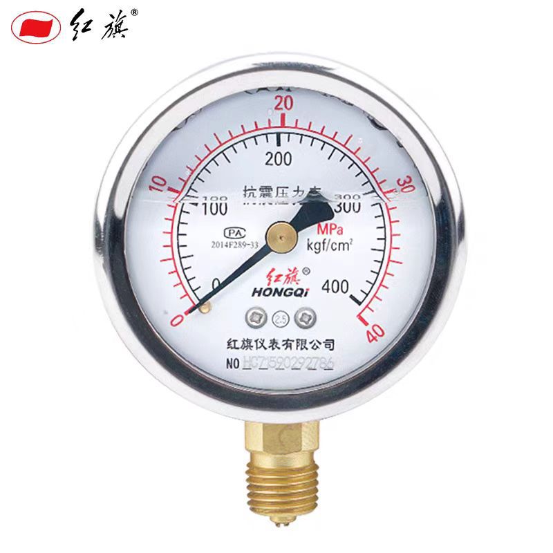 红旗抗震充油压力表YTN-100水压气压油压表1.6级耐震不锈钢压力表图片