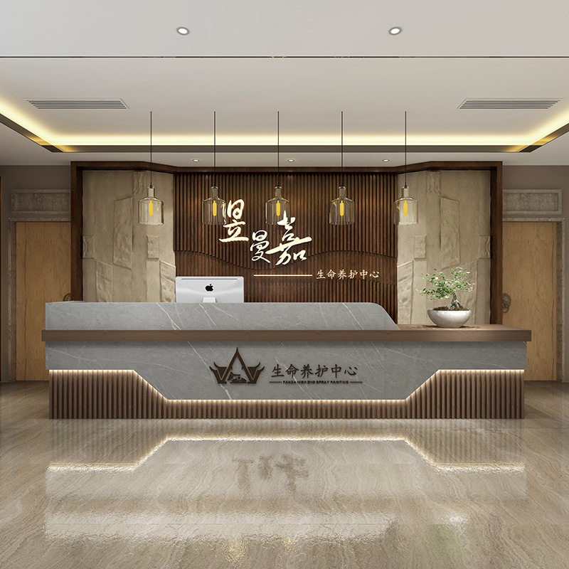 新中式公司前台接待台酒店大厅迎宾台培训机构美容院吧台桌收银台图片