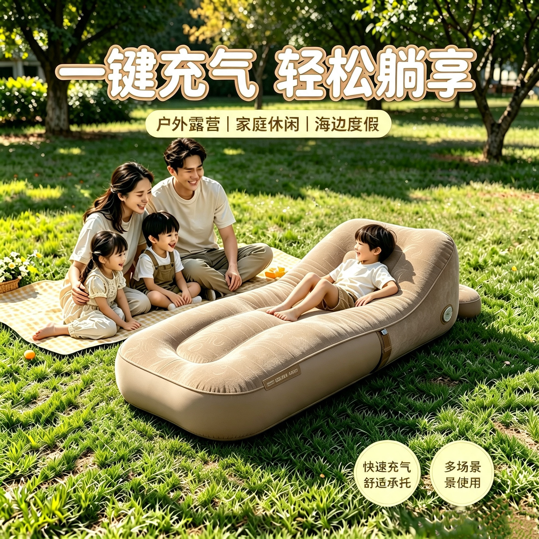 充气沙发户外气垫床音乐节懒人午休露营便携全自动充气床家用躺椅