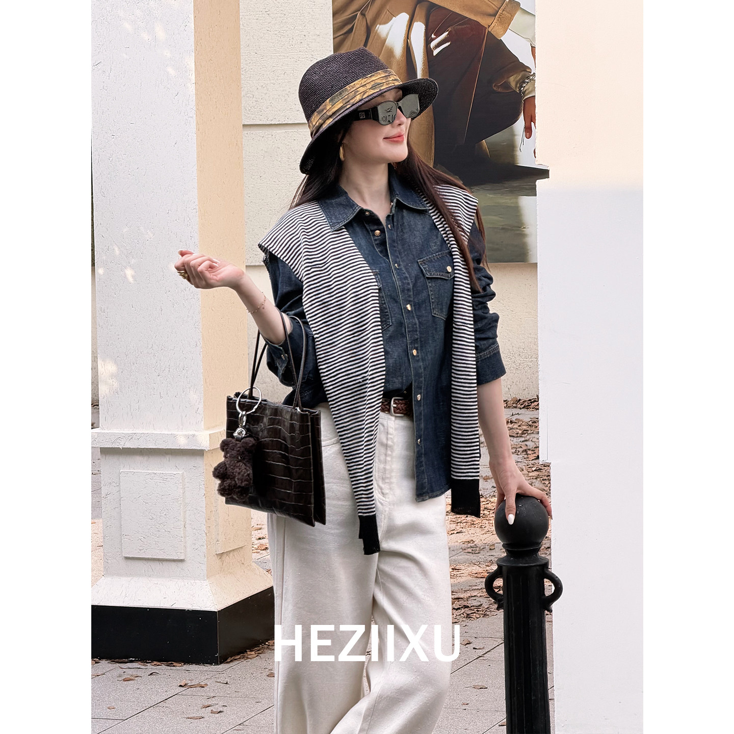 HEZIIXU“丹禾叙”高密棉显瘦解构感牛仔衬衫女法式艺术系上衣
